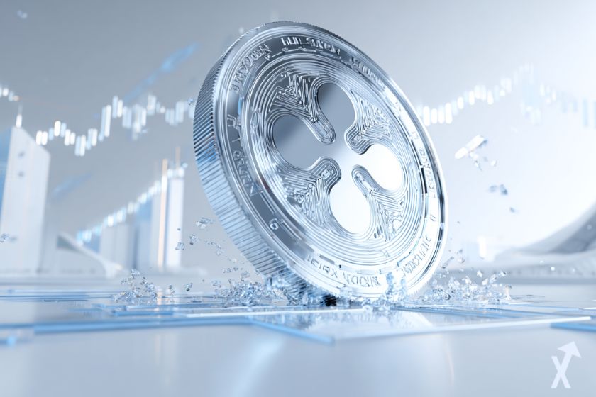 Moneda XRP plateada brillante en 3D.