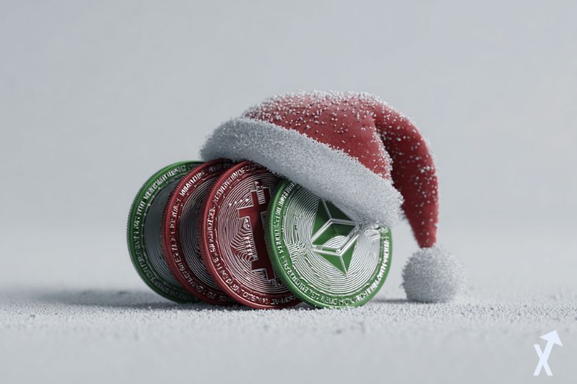 Monedas virtuales en la nieve Navidad.