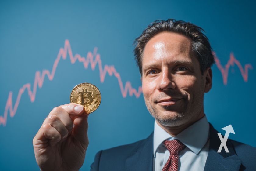 Homme qui tien un Bitcoin coin avec un fond bleu et une trendline rouge en fond