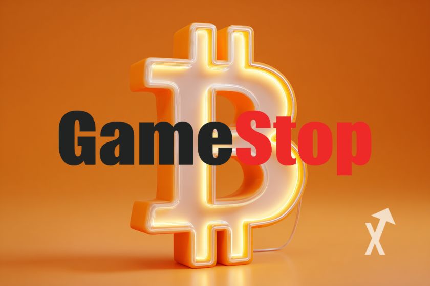 logo gamestop avec un logo Bitcoin jaune sur un fond orange