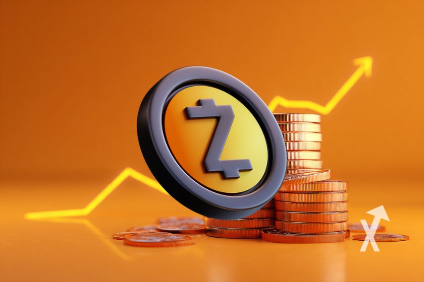 coin zcash sur un fond orange avec trendline jaune et coin empil&eacute;s