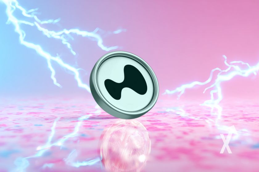 coin HYPE hyperliquid sur un fond rose avec &eacute;lectricit&eacute; bleue