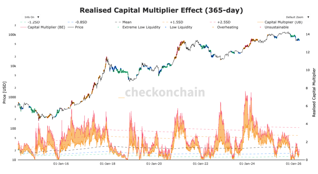 Gráfico del efecto de la demanda de capital realizado de Bitcoin con curva naranja