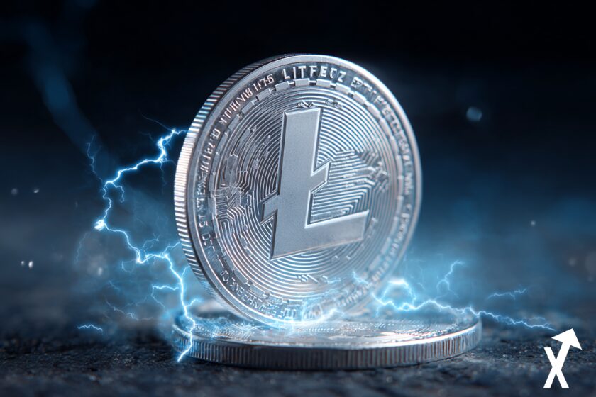 Pi&egrave;ce Litecoin argent&eacute;e brillante avec le logo LTC grav&eacute;, m&eacute;tal poli avec reflets froids, &eacute;clairs d&rsquo;&eacute;lectricit&eacute; argent et bleu