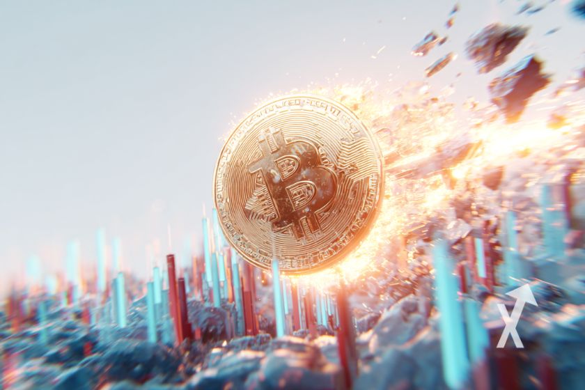 coin bitcoin qui br&ucirc;le sur un fond blanc avec graphique bougies de trading