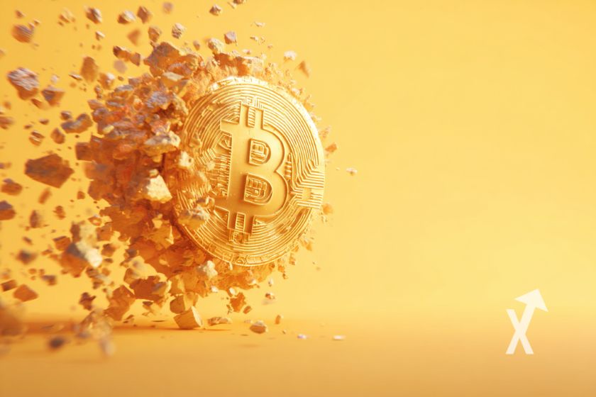 coin Bitcoin qui se d&eacute;sint&egrave;gre sur un fond jaune