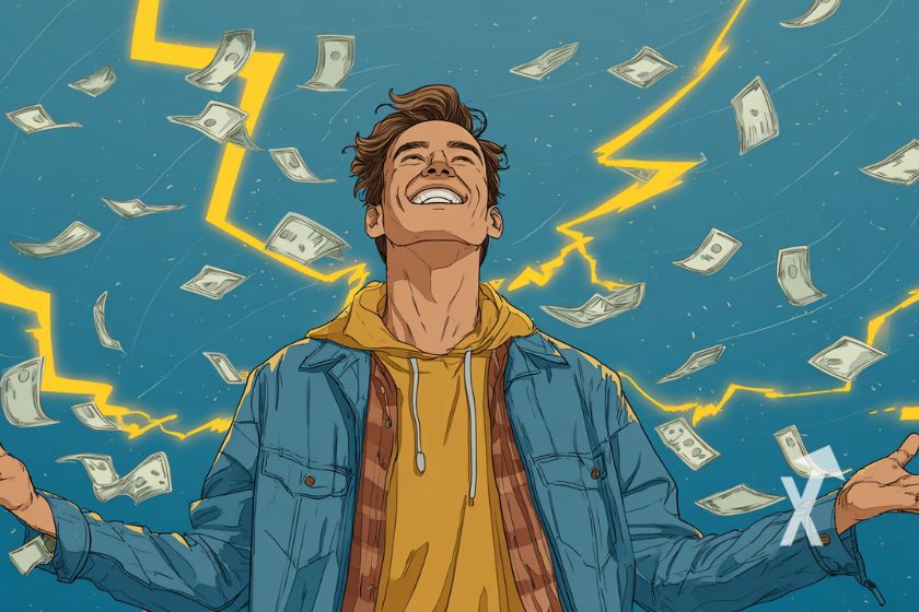 homme heureux avec billets dollars sur un fond bleu et &eacute;clairs jaunes