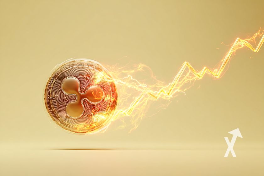 xrp coin jaune sur un fond jaune avec une trendline en &eacute;lectricit&eacute; orange