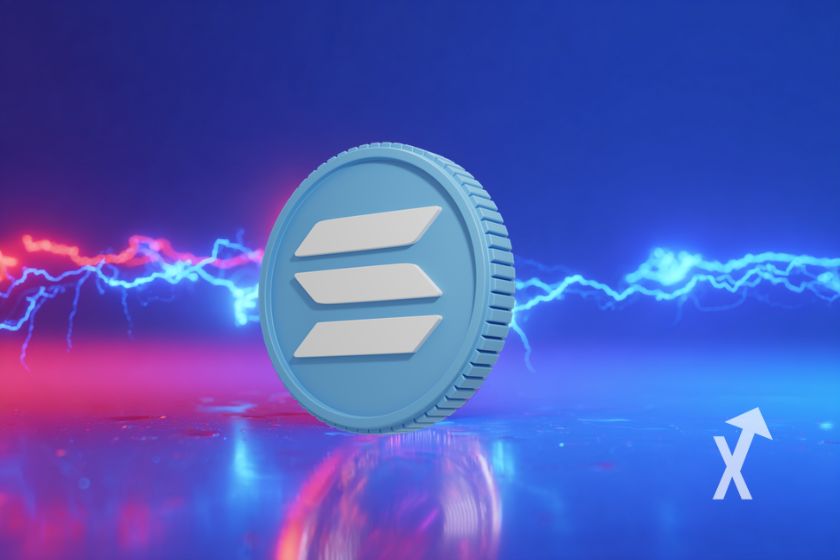 solana coin sur un fond bleu et &eacute;lectricit&eacute; rouge et bleue autour