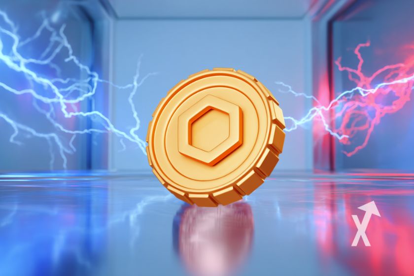 coin chainlink en jaune sur un fond bleu avec &eacute;lectricit&eacute; rouge et bleue autour