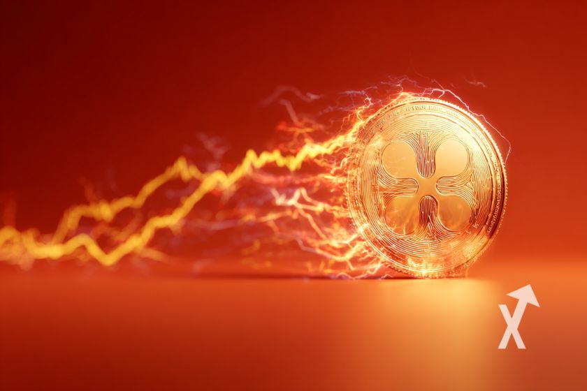 XRP coin sur un fond rouge avec &eacute;lectricit&eacute; orange derri&egrave;re