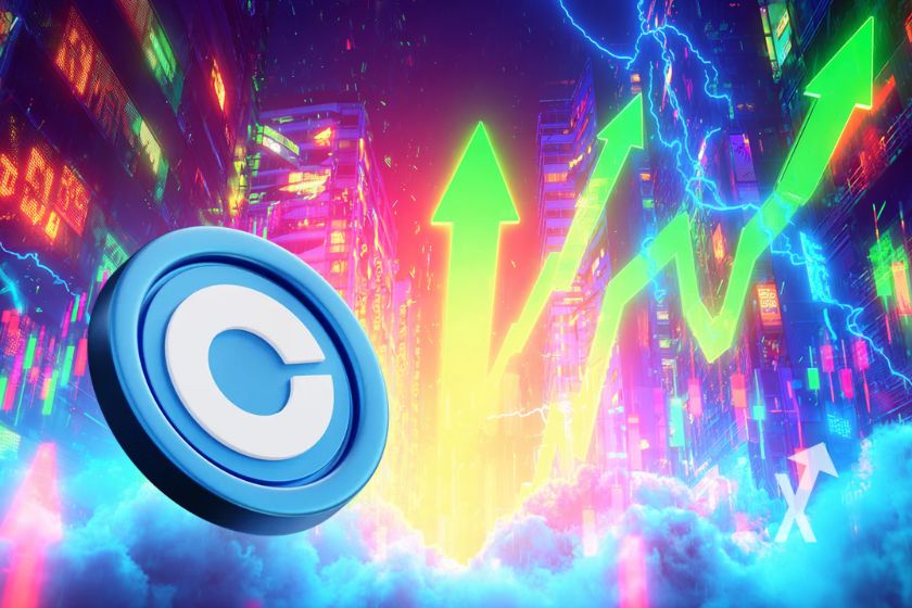 coin coinbase sur un fond color&eacute; en rose et bleu flashy avec des fleches vertes n&eacute;ons vers le haut et des buildings