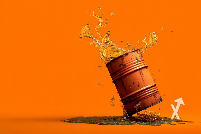 baril de p&eacute;trole avec du p&eacute;trole qui en sort sur un fond orange