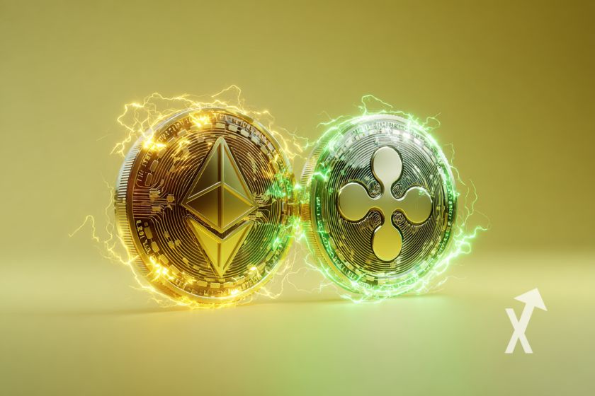 ethereum et xrp coin sur un fond jaune avec &eacute;lectricit&eacute; verte et oranne autour