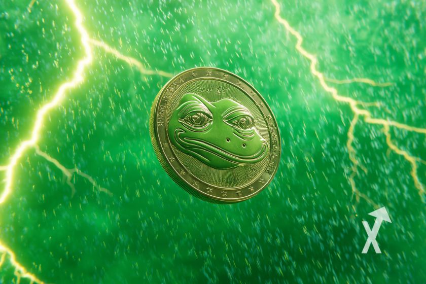 pepe coin sur un fond vert avec de la pluie et des &eacute;clairs jaunes