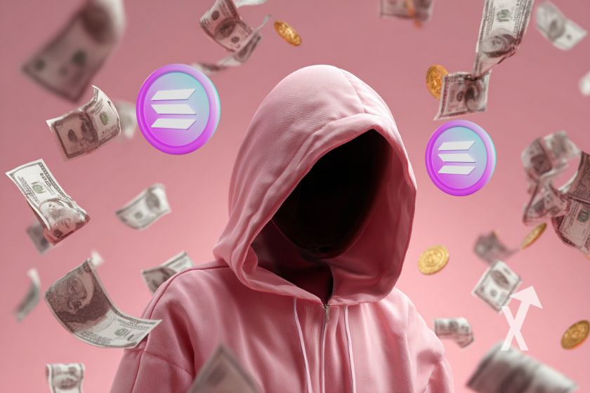 Coin solana sur un fond rose avec un homme en capuche rose et visage noir sur un fond rose avec des billets dollars