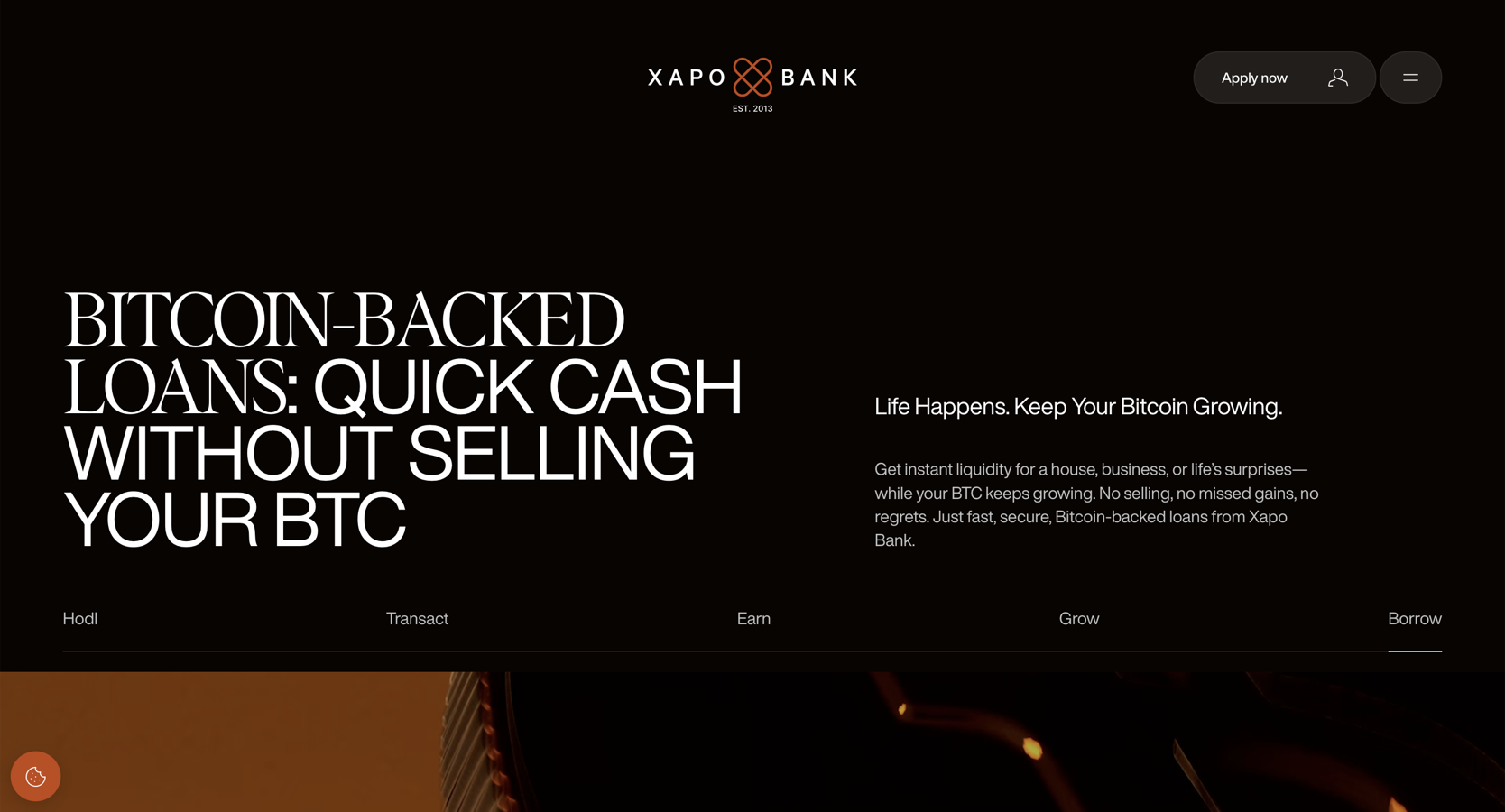 Página de inicio de Xapo Bank sobre fondo negro