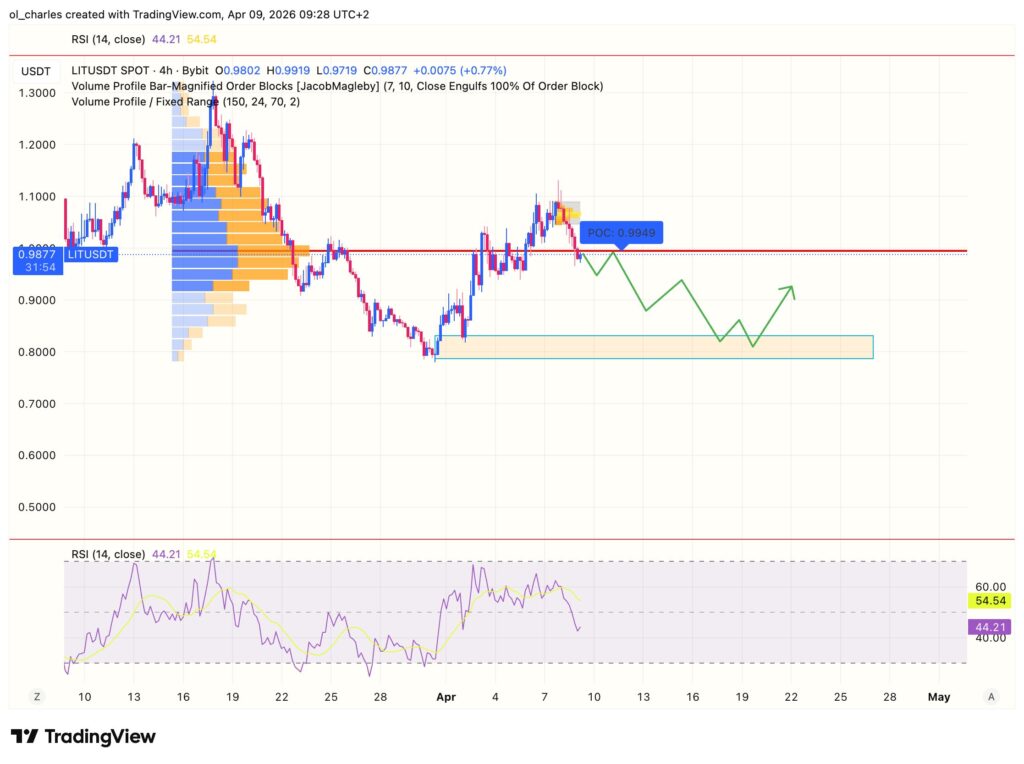 Gráfico LIT 4 horas con order block, RSI y VPFR