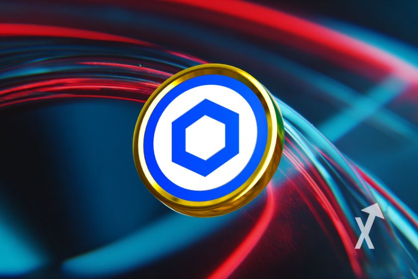 Moneda Chainlink (LINK) sobre un fondo azul noche con neones rojos y azules
