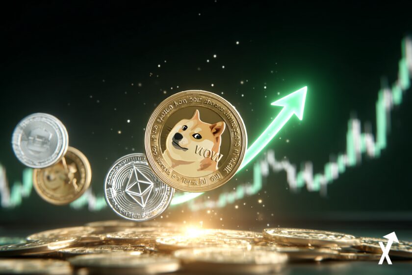 Pi&egrave;ce Dogecoin Shiba Inu lumineuse d&eacute;collant vers le haut avec une fl&egrave;che verte, laissant derri&egrave;re elle les pi&egrave;ces Bitcoin et Ethereum, espace num&eacute;rique blanc et or lumineux, graphique de prix avec label +4,5%, silhouettes de traders retail en arri&egrave;re-plan, style &eacute;ditorial &eacute;pur&eacute; minimaliste, rayons de lumi&egrave;re doux, ultra net, 4K, atmosph&egrave;re lumineuse et propre, pas de tons sombres, sans texte.