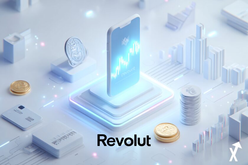 Illustration fintech lumineuse et &eacute;pur&eacute;e montrant un smartphone avec l'interface Revolut, entour&eacute; de symboles financiers flottants : pi&egrave;ce en livre sterling, r&eacute;seau blockchain, cartes bancaires et graphique boursier ascendant. Fond blanc et d&eacute;grad&eacute; bleu doux, esth&eacute;tique institutionnelle moderne, style &eacute;ditorial fintech, accents lumineux nets, design minimaliste. Pas de tons sombres.