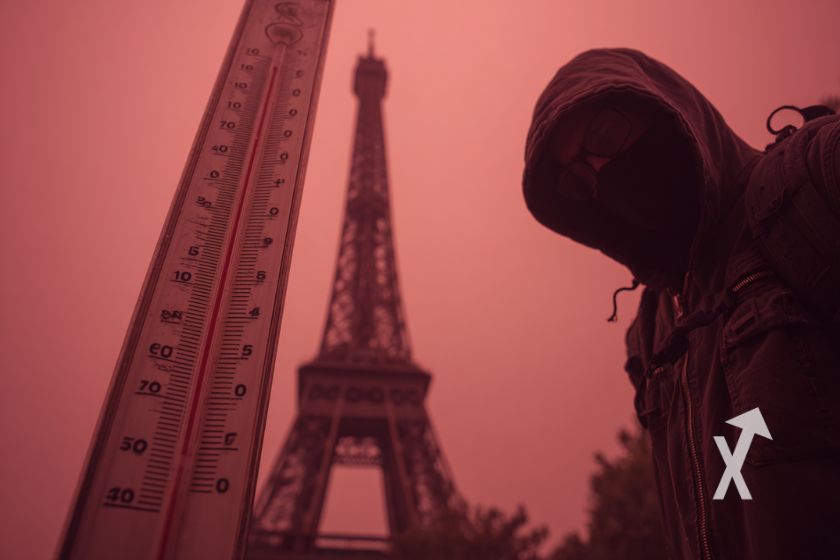 Tour eiffel sur fond rouge avec homme masqu&eacute; en capuche