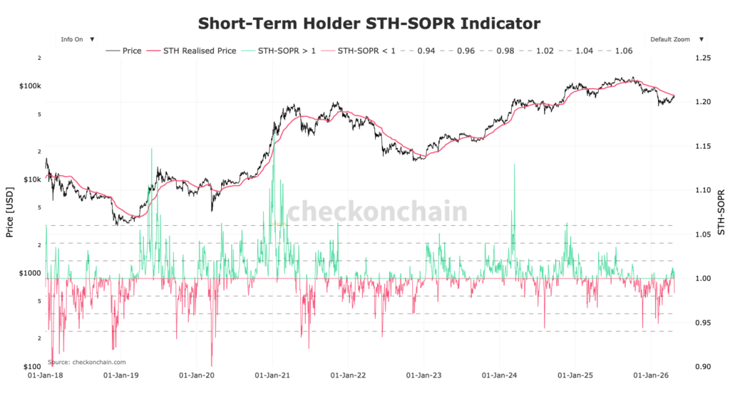 SOPR Bitcoin de STH con curva roja y verde