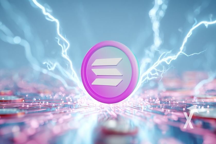 Coin solana sur un fond bleu et rose avec &eacute;lectricit&eacute; bleue