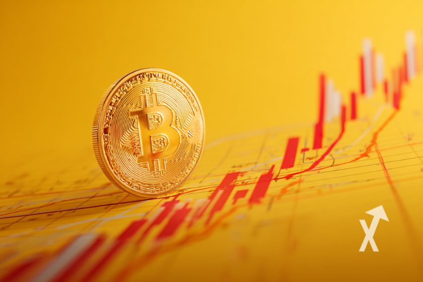 Bitcoin coin sur un fond orange avec trendline de bougies rouges