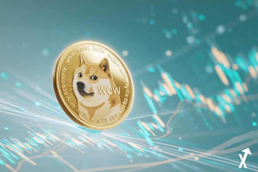 Pi&egrave;ce Dogecoin dor&eacute;e flottant au-dessus d'un dashboard financier num&eacute;rique lumineux, noeuds de r&eacute;seau blockchain en arri&egrave;re-plan, rayons de lumi&egrave;re cyan et or, fond blanc et gris clair &eacute;pur&eacute;, illustration &eacute;ditoriale crypto professionnelle premium, lignes de graphique haussi&egrave;res, sans texte