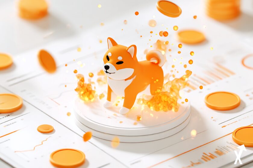 Token Shiba Inu, m&eacute;canisme de combustion d&eacute;flationniste, particules de feu dor&eacute;es sur fond blanc &eacute;pur&eacute;, tableau de bord financier crypto minimaliste, design plat professionnel, lumi&egrave;re douce, ultra propre