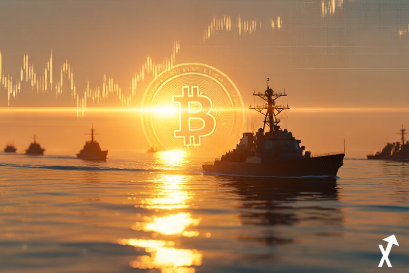 Destroyer naval am&eacute;ricain escortant des navires dans un d&eacute;troit lumineux, reflet du logo Bitcoin sur l'eau, graphiques financiers haussiers en arri&egrave;re-plan, style &eacute;ditorial &eacute;pur&eacute;, tons blancs et dor&eacute;s, ultra lumineux, design minimal professionnel