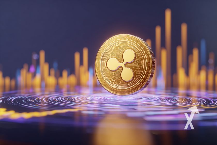 coin xrp sur un fond violet avec bougies de graphique en jaune