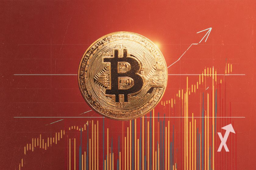 Coin Bitcoin sur un fond rouge avec bougies vertes et oranges
