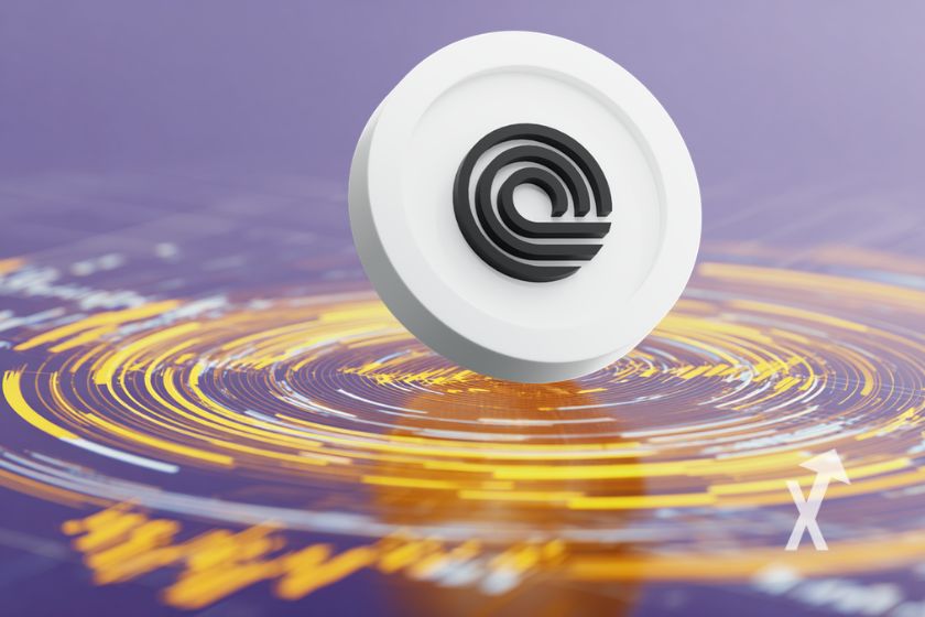 ondo coin sur un fond violet avec lignes oranges en cercle autour