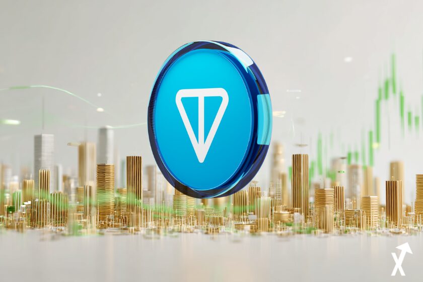 Pi&egrave;ce TON brillante flottant au-dessus d'une ville num&eacute;rique dor&eacute;e, logo Telegram int&eacute;gr&eacute; au r&eacute;seau blockchain, fond blanc lumineux avec rayons de lumi&egrave;re doux, graphique de prix vert ascendant en arri&egrave;re-plan, rendu 3D ultra-net