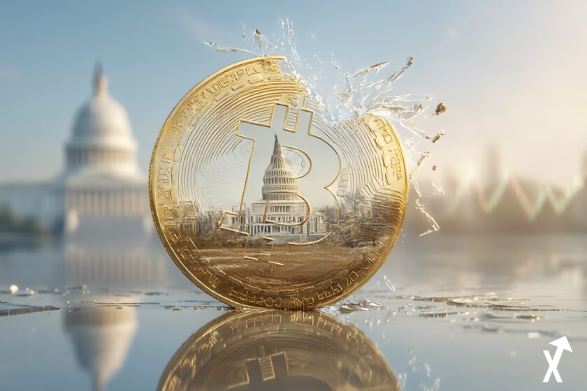 Pi&egrave;ce Bitcoin dor&eacute;e franchissant une barri&egrave;re lumineuse des 80 000 dollars, Capitole am&eacute;ricain refl&eacute;t&eacute; sur la surface de la pi&egrave;ce symbolisant le Clarity Act, fond blanc avec rayons de lumi&egrave;re dor&eacute;s et doux, graphique de prix vert ascendant en arri&egrave;re-plan, rendu 3D ultra-net, atmosph&egrave;re minimaliste et a&eacute;r&eacute;e, sans texte