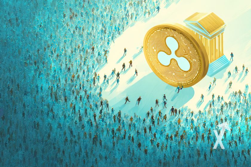 XRP coin avec des milliers de personnes &agrave; son pied