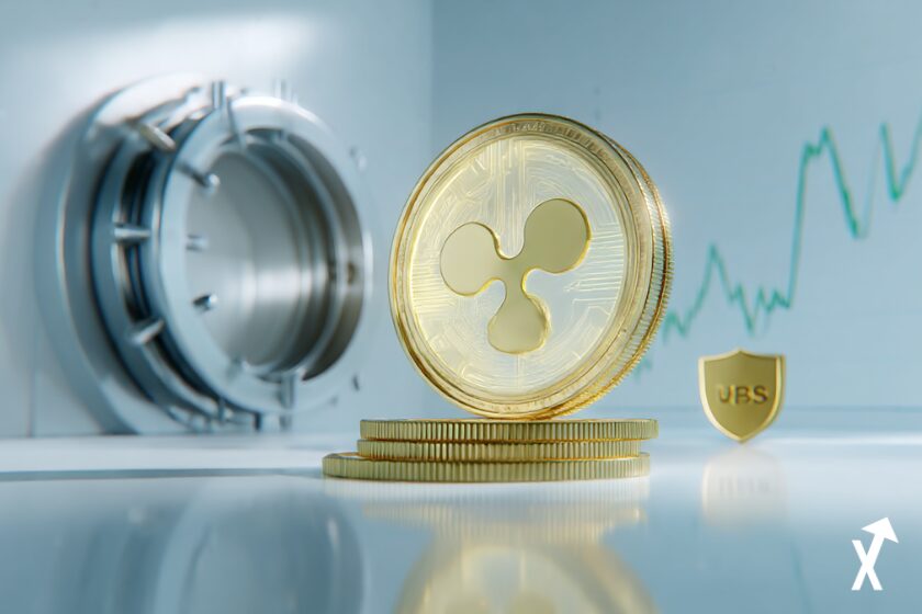 Pi&egrave;ce XRP Ripple brillante flottant au-dessus d'une surface blanche immacul&eacute;e, rayons de lumi&egrave;re bleus et argent&eacute;s doux entourant la pi&egrave;ce, fond financier minimaliste avec l&eacute;g&egrave;res lignes de graphique ascendantes, &eacute;clairage studio lumineux, rendu 3D ultra-net,