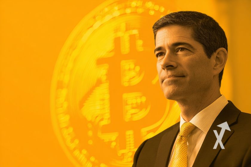 Kevin warsh sur un fond orange avec coin Bitcoin