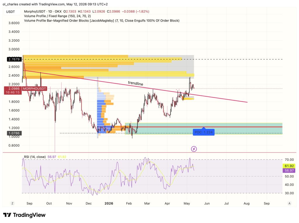 Gráfico del precio de MORPHO en un día con order blocks, RSI y VPFR