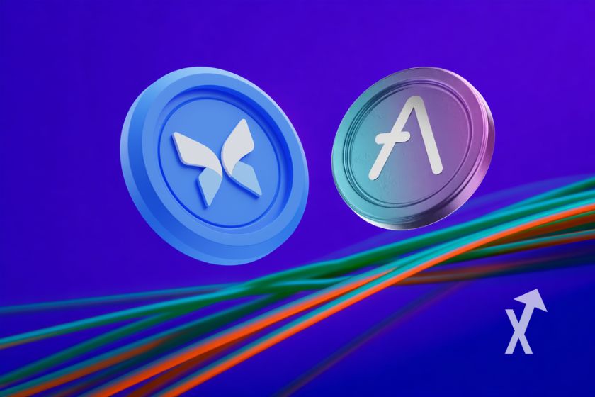 coin Morpho et aave sur un fond violet avec lignes de couleurs vertes et oranges