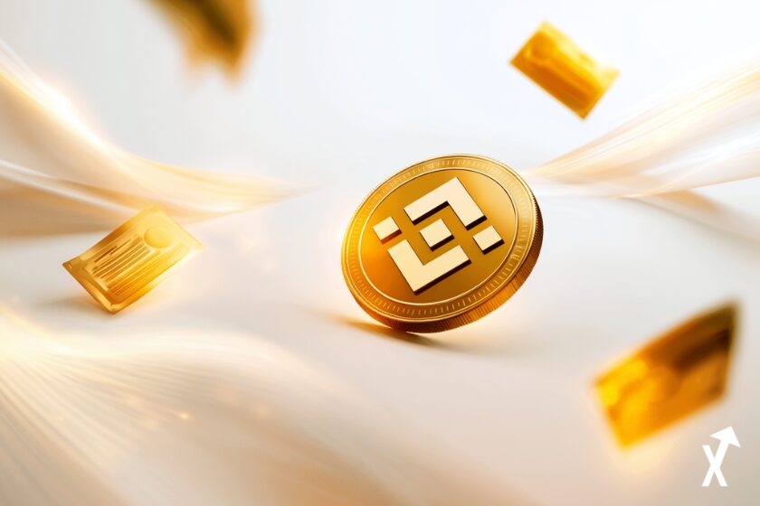Logo BNB Binance coin brillant en or chaud et ambre sur fond blanc &eacute;pur&eacute; et lumineux, ic&ocirc;nes d'actifs r&eacute;els tokenis&eacute;s abstraits flottant comme documents et obligations dor&eacute;s lumineux, liquidit&eacute; stablecoin repr&eacute;sent&eacute;e en flux de lumi&egrave;re doux, illustration financi&egrave;re professionnelle minimaliste, atmosph&egrave;re d&eacute;grad&eacute; chaud et a&eacute;r&eacute;,