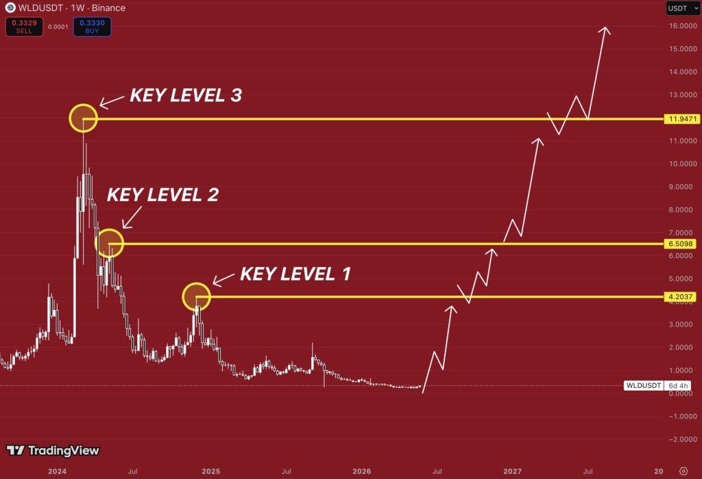Gráfico WLD/USDT semanal Binance, precio a 0,333 $ con niveles clave a 4,20 $, 6,51 $ y 11,95 $ como objetivos alcistas 2026-2027