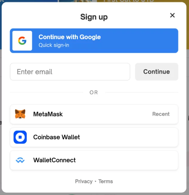 Interfaz de registro Polymarket con conexión Google, email, MetaMask, Coinbase Wallet y WalletConnect