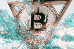 hausse de liquidit&eacute; mondiale, triangle dor&eacute; du dollar index en rupture haussi&egrave;re, symbole Bitcoin rayonnant d'une lumi&egrave;re or ros&eacute;, ondes d'&eacute;nergie turquoise en expansion, flux de donn&eacute;es financi&egrave;res lumineux