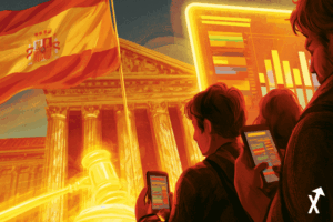 Drapeau espagnol flottant brillamment sous un soleil chaleureux, grand palais de justice aux colonnes de marbre dor&eacute; au centre, marteau jaune lumineux frappant une interface de march&eacute; pr&eacute;dictif incandescente