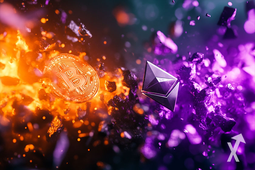 Cryptocurrency icons Bitcoin and Ethereum.