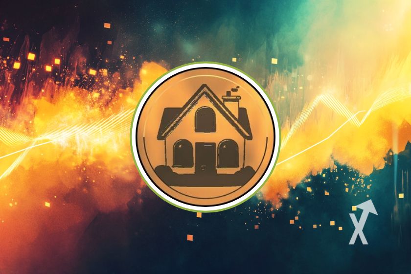Modern house with Housecoin cryptocurrency logo.
