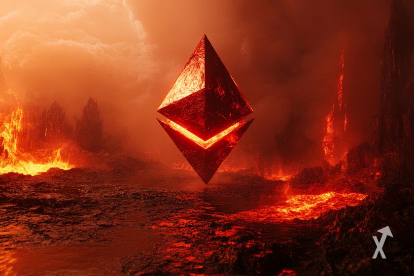 Ethereum logo in fiery underworld.